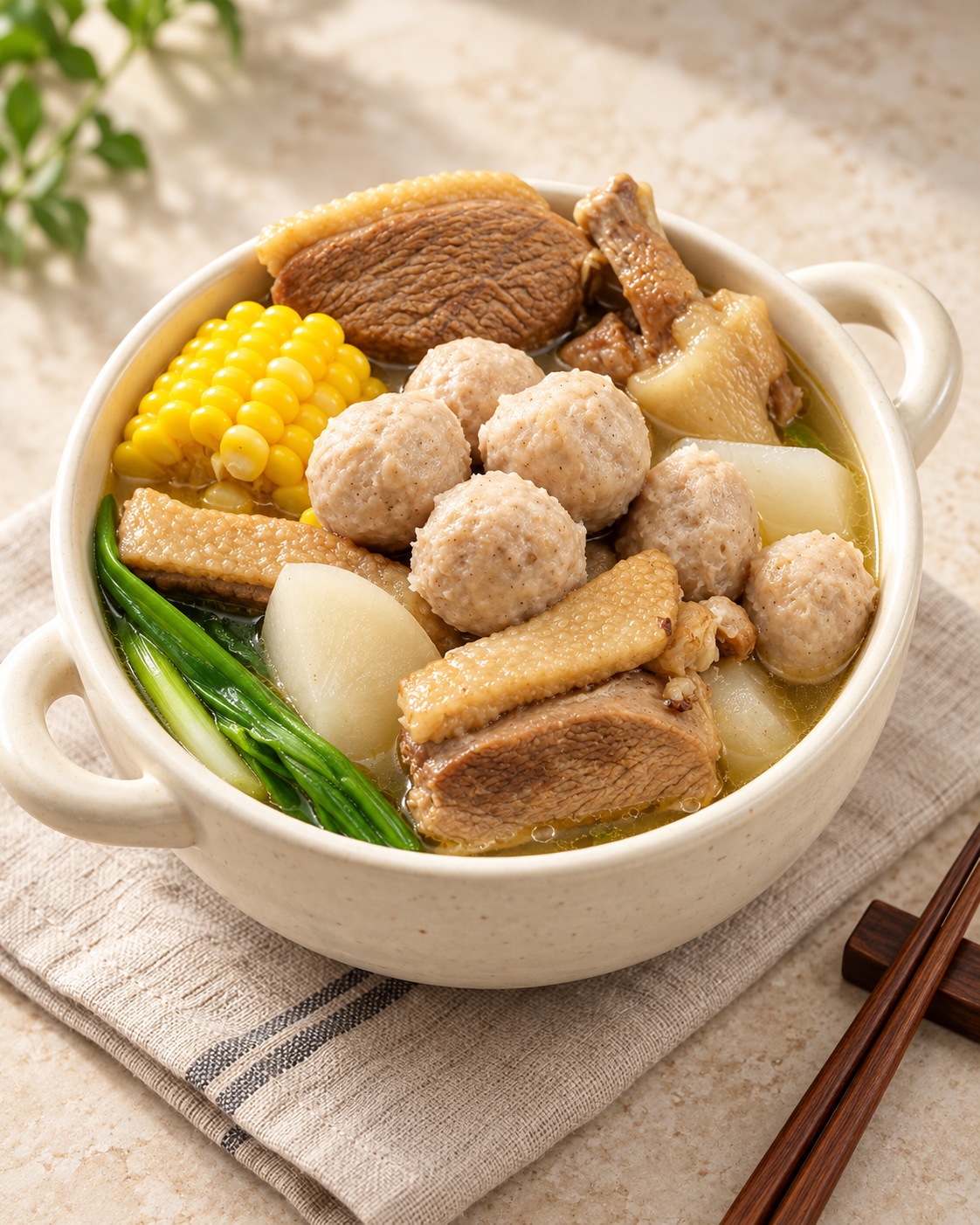 鴨肉貢丸與蔬菜暖湯,AI 美化料理情境示意