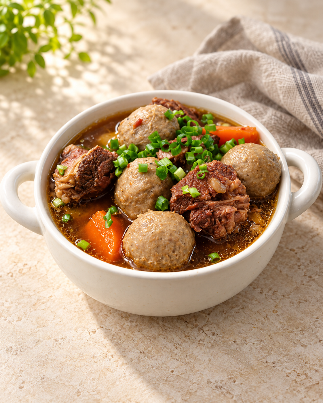 牛肉風味丸暖湯,AI 美化料理情境示意
